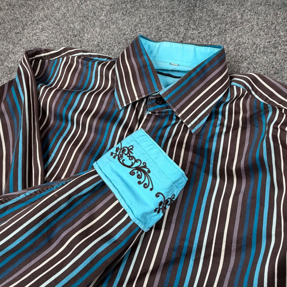 Visconti Uomo Mens Large Brown Turquoise Striped Mercerized Cotton Button Shirt